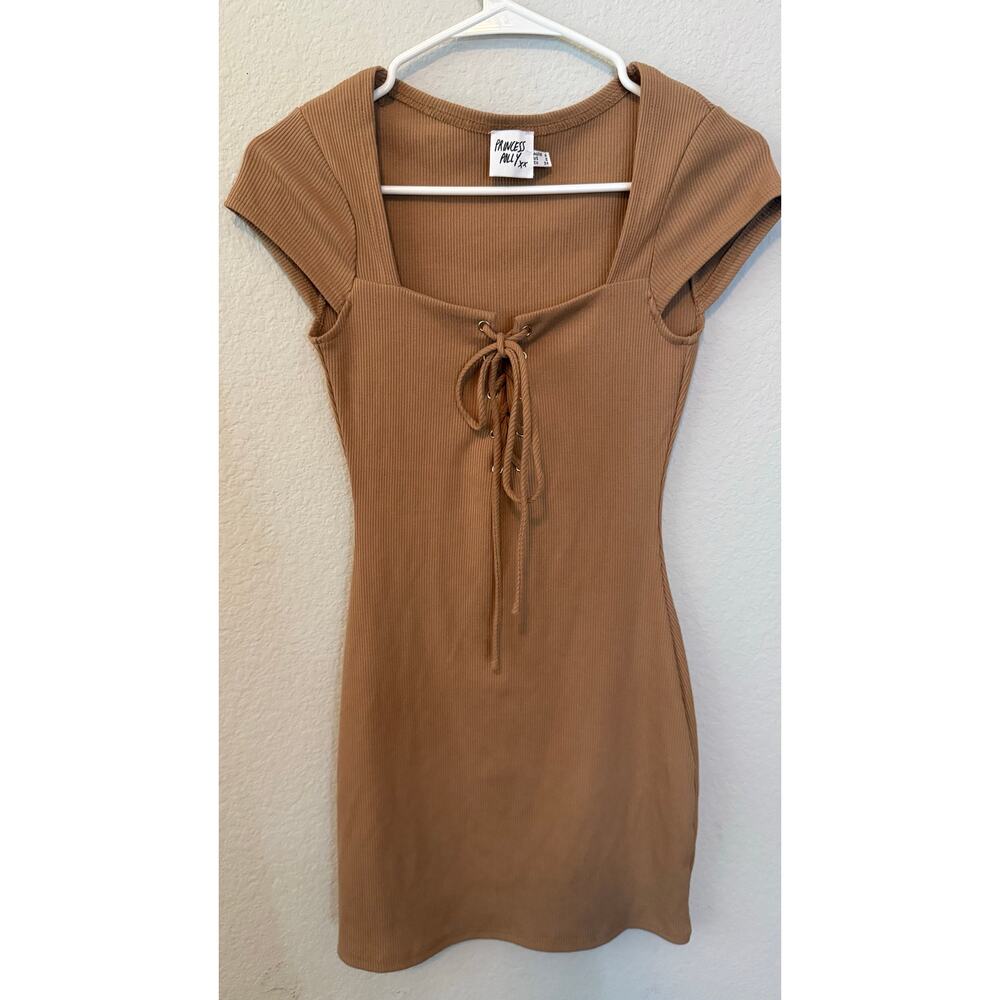 Princess Polly Brown Ribbed Lace Up Bodycon Mini Dress US 2